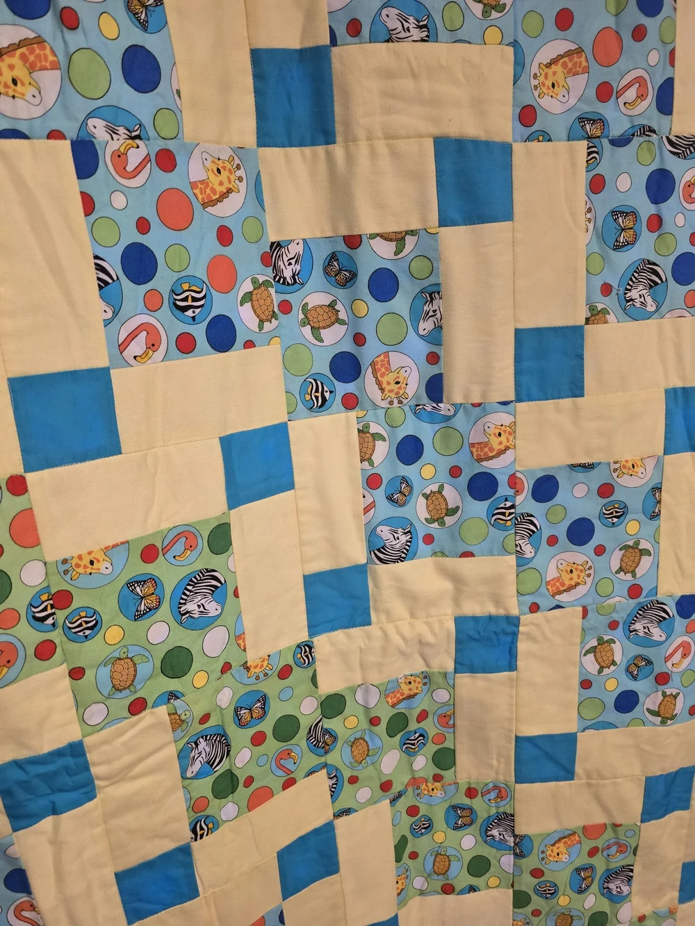 Handmade Patchwork Baby Quilt in Red, Blue & Cream